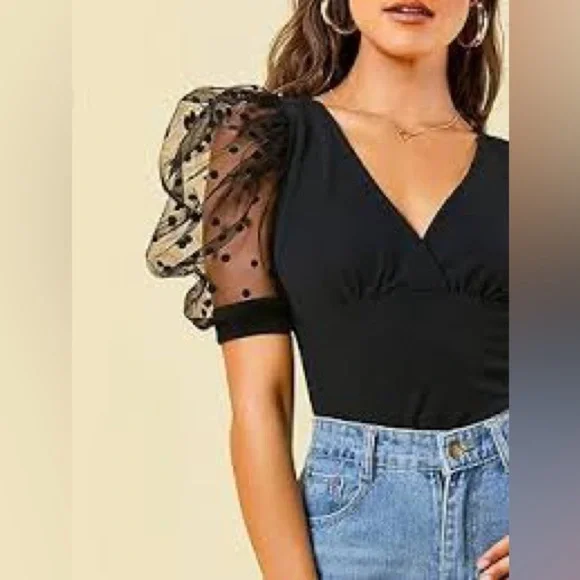 See the Shades Black Top with Sheer Polka Dot Sleeves Sz Large Puff Sleeves - Picture 1 of 9